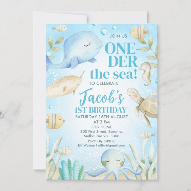 Boy's Sea Creatures One-der The Sea 1st Birthday Invitation (Front)