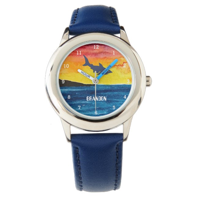Boys Shark Ocean Fish Cute Modern Blue Kids Watch (Front)