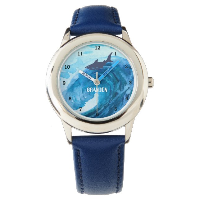 Boys Shark Ocean Fish Cute Modern Blue Kids Watch (Front)