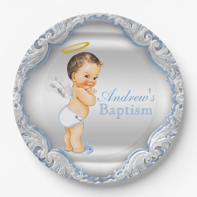 Boys Silver and Blue Angel Baptism Paper Plate (Front)
