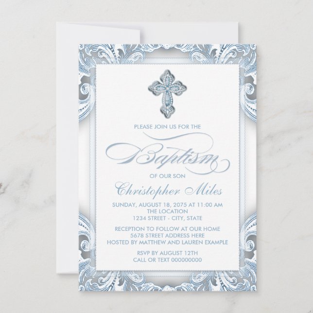 Boys Silver Blue Baptism Invitation (Front)