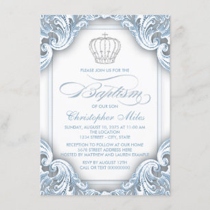 Boys Silver Blue Prince Baptism Invitation