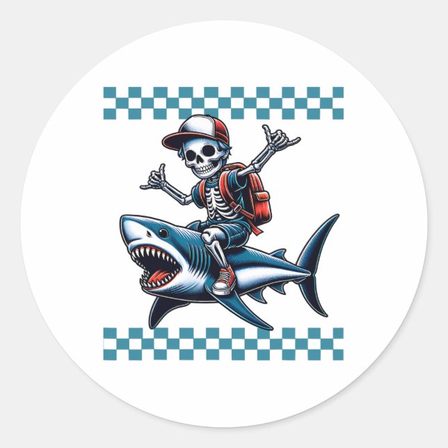 Boys Skeleton Riding A Shark Back To School  Classic Round Sticker (Front)