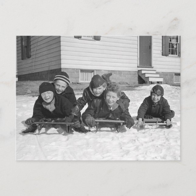 Boys Sledding, 1936 Postcard (Front)