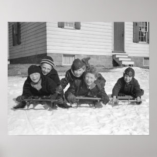 Boys Sledding, 1936. Vintage Photo Poster