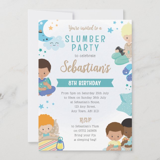 Boys Sleepover Invitation – PJs, Pillows & Gaming (Front)