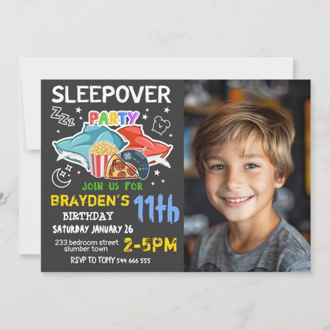 Boys Sleepover Photo Gaming Pizza Birthday  Invitation (Front)