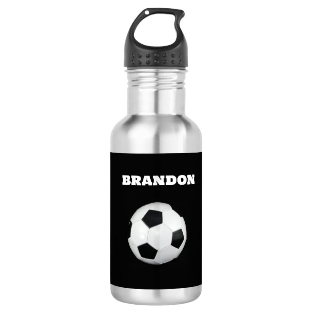 Boys Soccer Ball Black Stylish Custom Name Kids 532 Ml Water Bottle (Front)