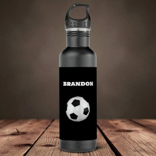 Boys Soccer Ball Black Stylish Custom Name Kids 710 Ml Water Bottle