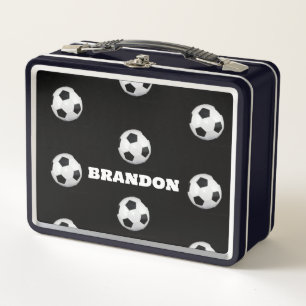 Boys Soccer Ball Black Stylish Custom Name Kids Metal Lunch Box