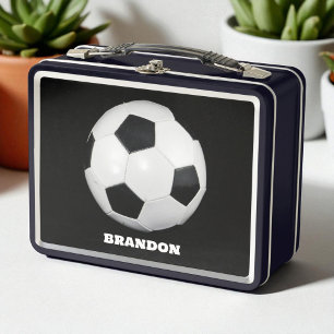 Boys Soccer Ball Black Stylish Custom Name Kids Metal Lunch Box
