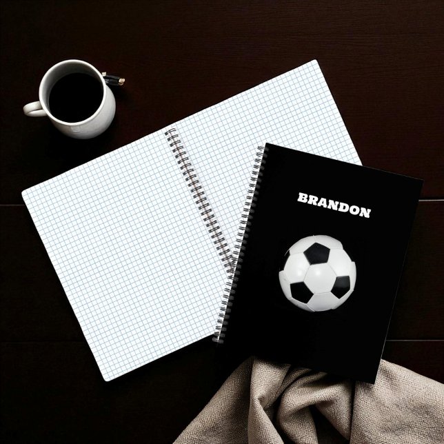 Boys Soccer Ball Black Stylish Custom Name Kids Notebook (Creator Uploaded)