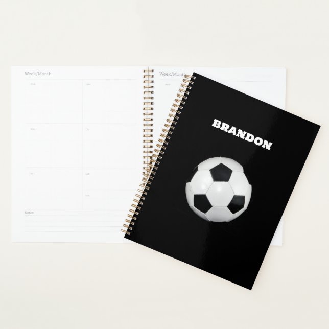 Boys Soccer Ball Black Stylish Custom Name Kids Planner (Display)