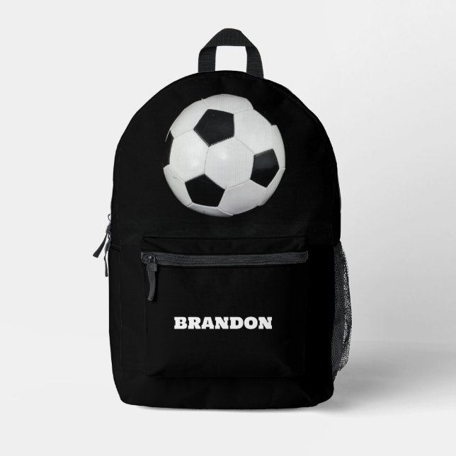 Boys Soccer Ball Black Stylish Custom Name Kids Printed Backpack (Front)