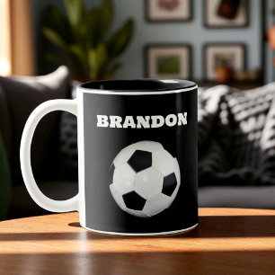 Boys Soccer Ball Black Stylish Custom Name Kids Two-Tone Coffee Mug