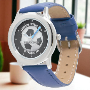 Boys Soccer Ball Black Stylish Custom Name Kids Watch