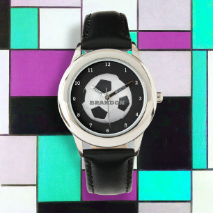 Boys Soccer Ball Black Stylish Custom Name Kids Watch