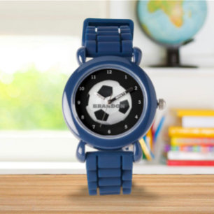 Boys Soccer Ball Black Stylish Custom Name Kids Watch