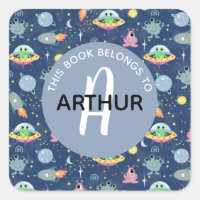 Boys Space Alien Pattern and Name Kids Bookplate