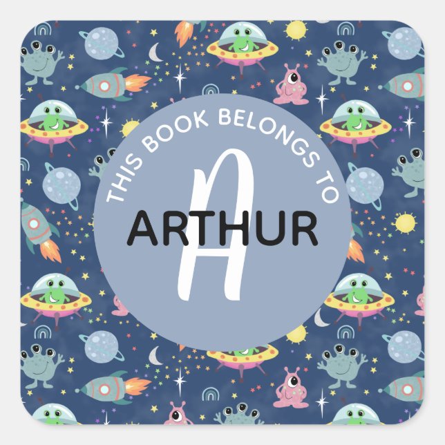 Boys Space Alien Pattern and Name Kids Bookplate Square Sticker (Front)