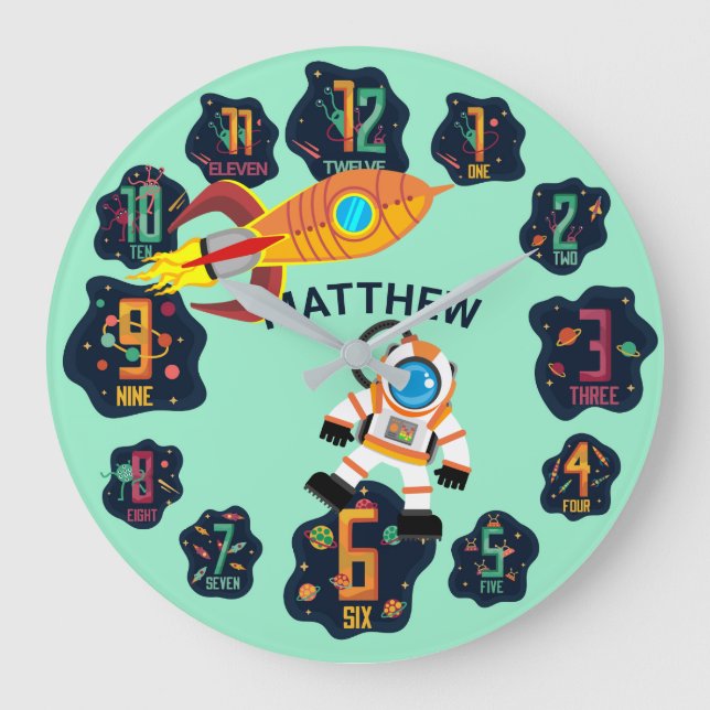 Boys Space Astronaut Rocket Planets Aliens Wall Large Clock (Front)