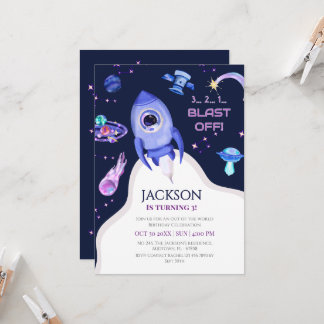 Boys Space Birthday Blast Off Rocket 3rd birthday Invitation