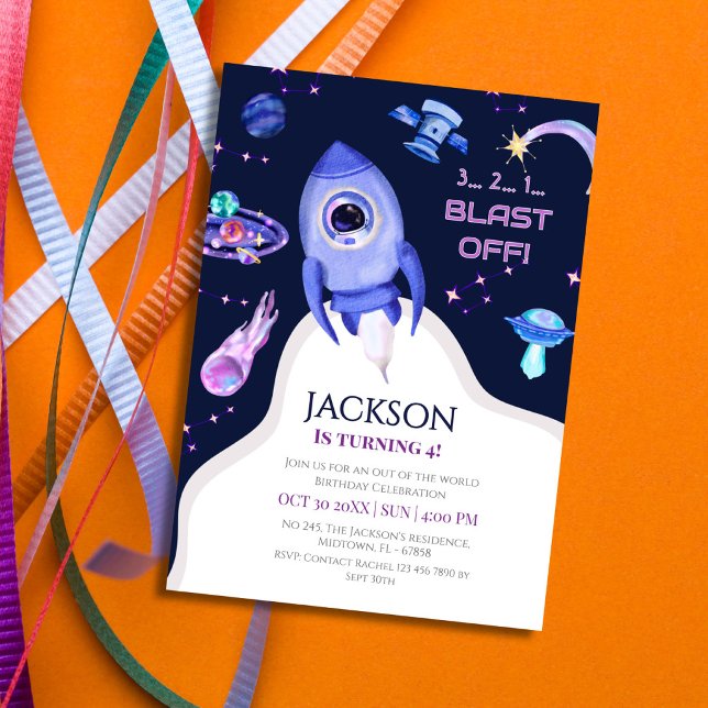 Boys Space Birthday Blast Off Rocket 4th birthday Invitation (Creator Uploaded)