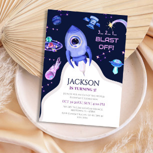 Boys Space Birthday Blast Off Rocket 5th birthday Invitation
