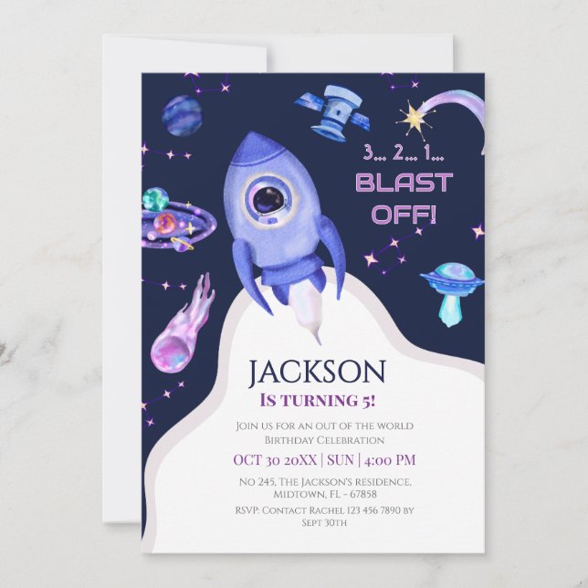 Boys Space Birthday Blast Off Rocket 5th birthday Invitation (Front)