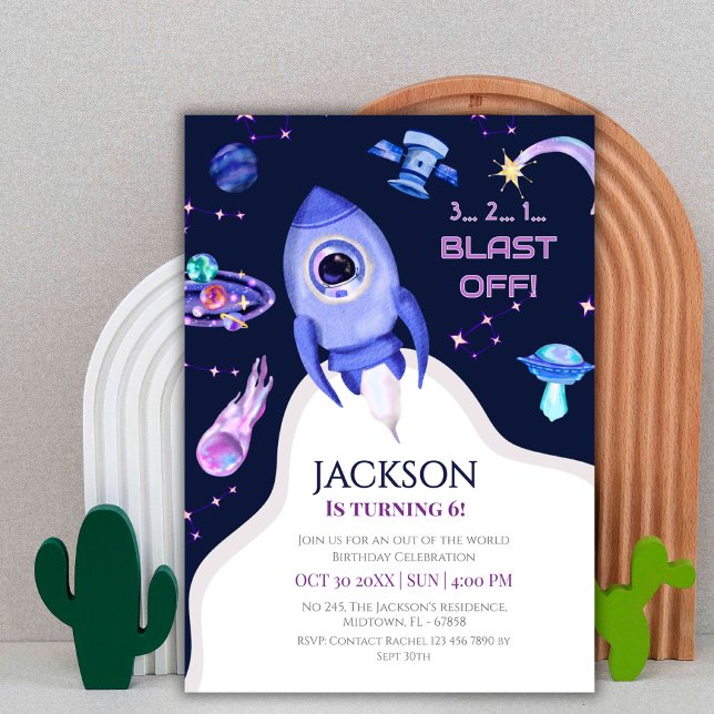 Boys Space Birthday Blast Off Rocket 6th birthday Invitation (Creator Uploaded)
