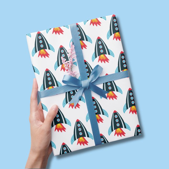 Boys Space Rocket pattern Wrapping Paper Sheet (Space themed rocket ship wrapping paper sheets for boys birthday party.)