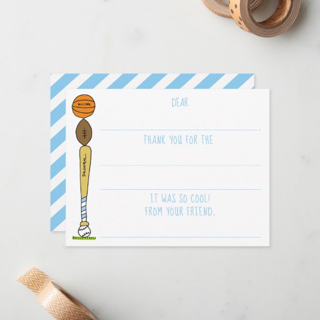 Boys Sports Balls Fill-In Birthday Thank You Card (Front/Back In Situ)