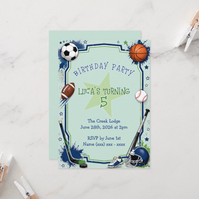Boys Sports Birthday Invitation (Front/Back In Situ)