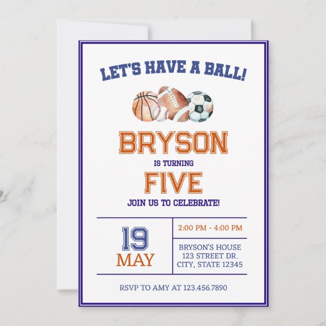  Boys Sports Birthday Invitation - Orange & Navy (Front)