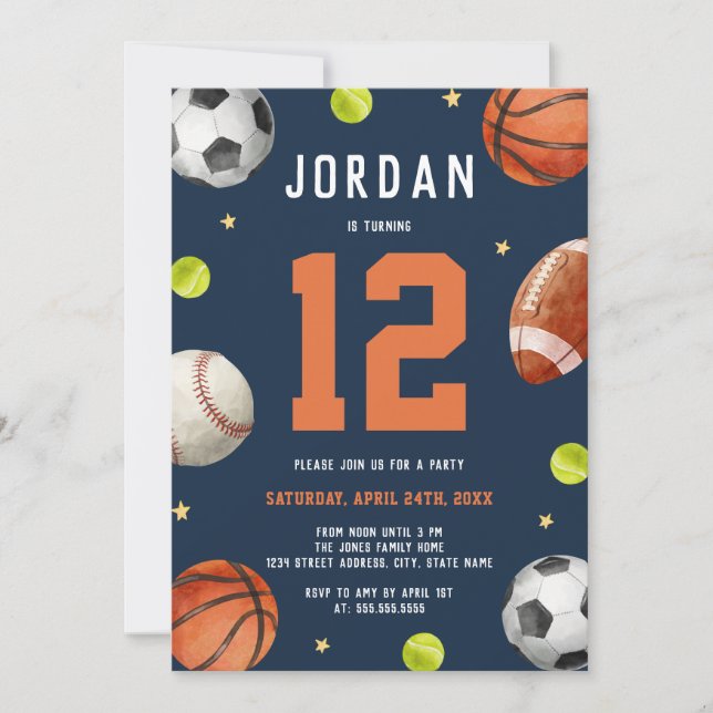 Boys Sports Theme Navy Orange Birthday Party  Invitation (Front)