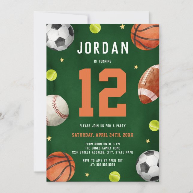 Boys Sports Theme Orange Green Birthday Party  Invitation (Front)