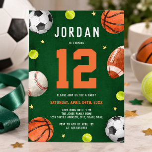 Boys Sports Theme Orange Green Birthday Party Invitation