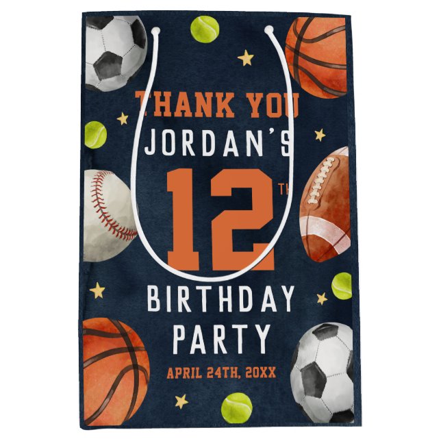 Boys Sports Theme Orange Navy Birthday Party  Medium Gift Bag (Front)