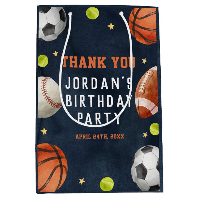 Boys Sports Theme Orange Navy Birthday Party  Medium Gift Bag (Front)