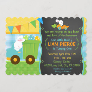 Boys Spring Easter Birthday Party Bunny Dump Truck Invitation