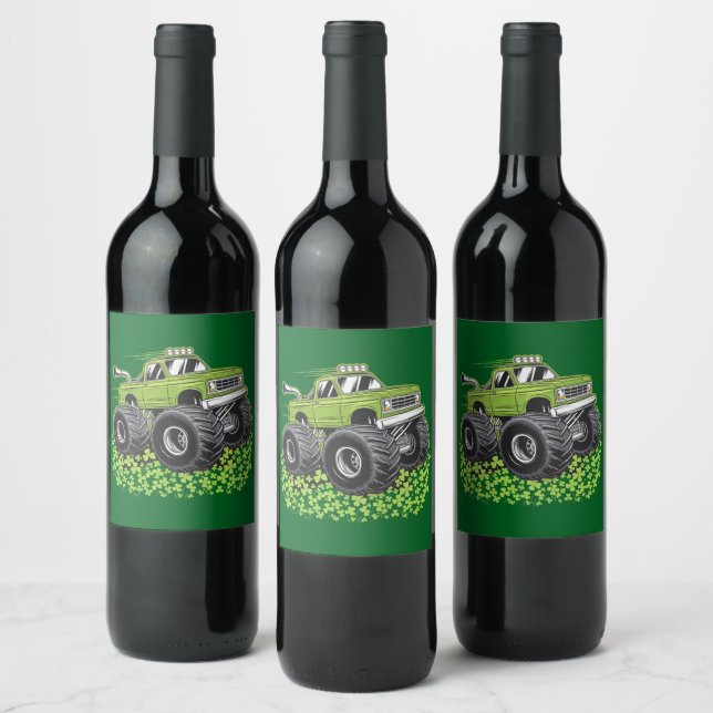 Boys St Patricks Day Toddler Lucky Monster Truck  Wine Label (Bottles)