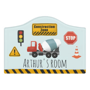 Boys STOP Construction Zone Digger Cartoon Kids Door Sign