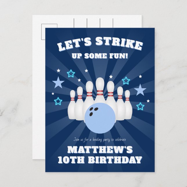 Boy's Strike Up Some Fun Bowling Birthday Party Invitation Postcard (Front/Back)