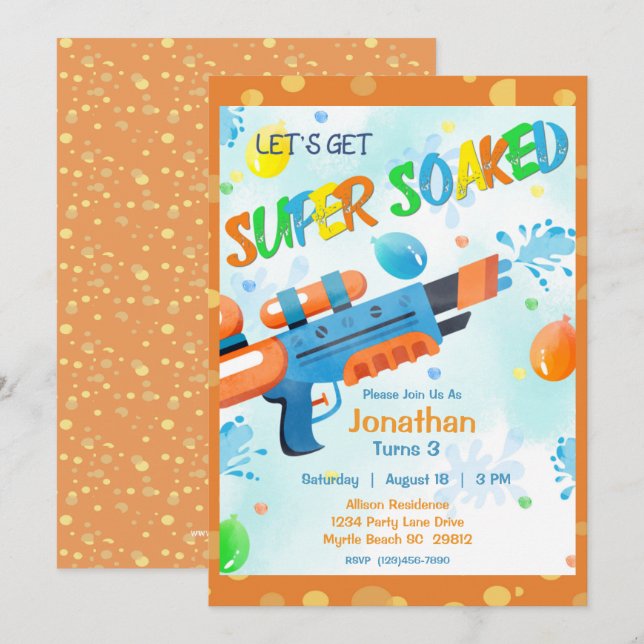 Boys Summer Watergun Pool Birthday Party Invitation (Front/Back)