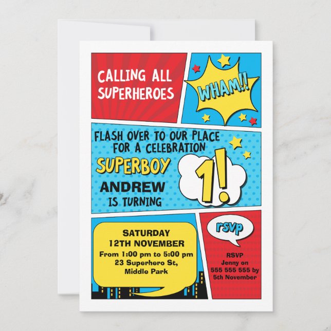 Boys Superhero 1st Birthday Invitation (Front)