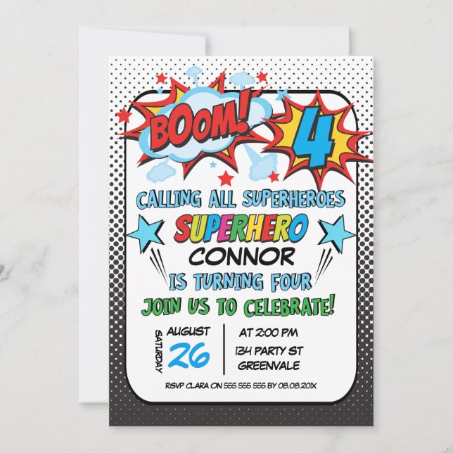 Boys Superhero  4th Birthday Invitation (Front)