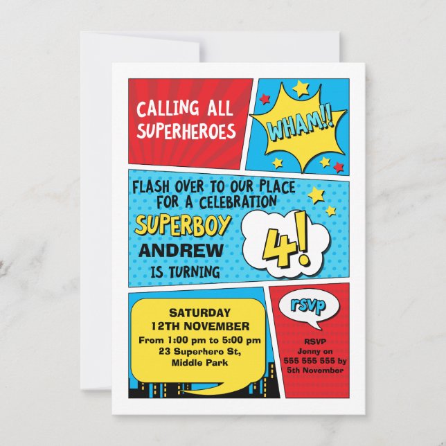 Boys Superhero 4th Birthday Invitation (Front)