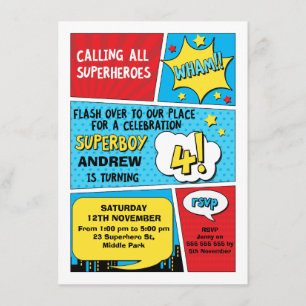 Boys Superhero 4th Birthday Invitation