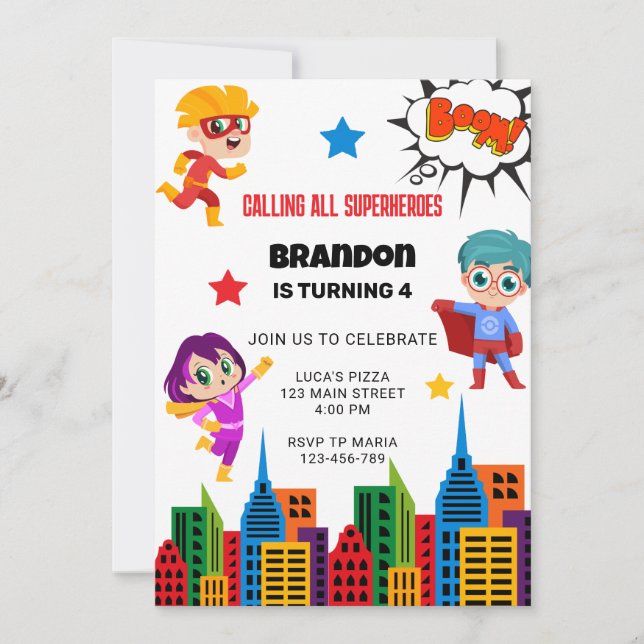 Boys Superhero Birthday Party Invitation (Front)