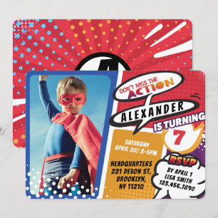 Boy's Superhero Comic Photo Birthday Invitation